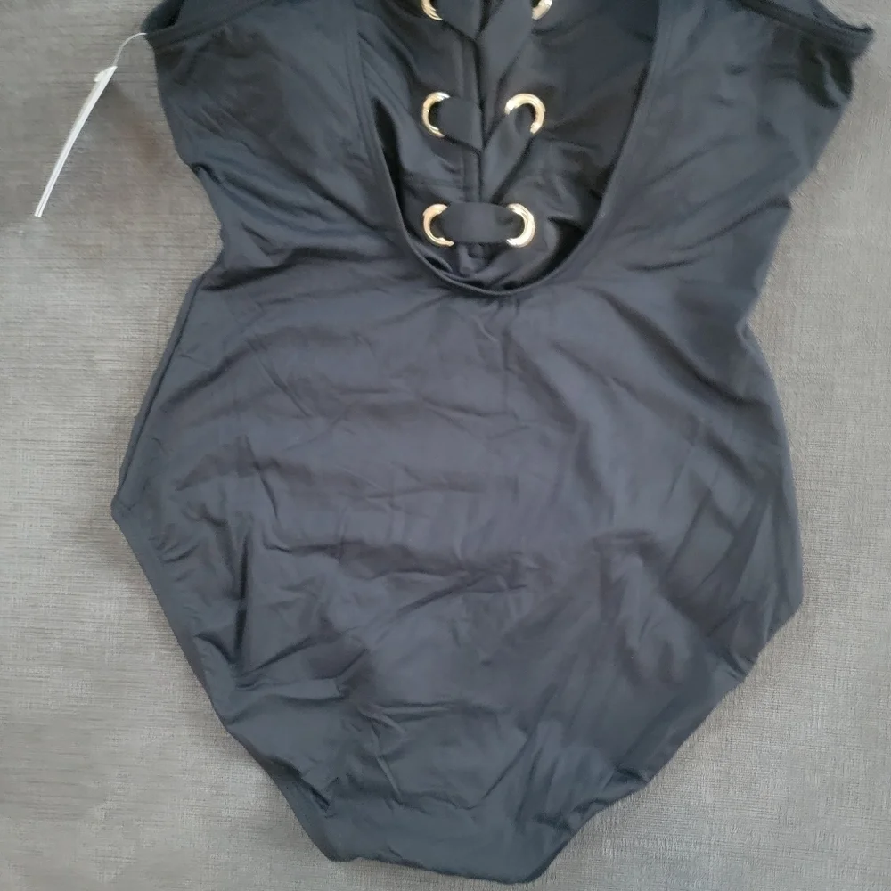 Michael Kors Women's Black Lace Up Gold Grommets One Piece Swimsuit Size 8